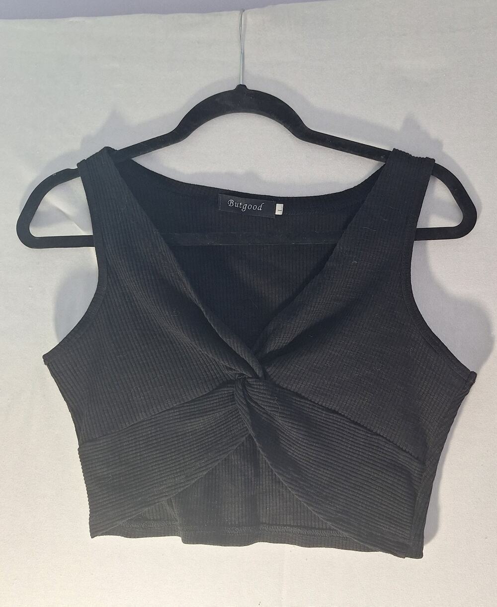Halter Crop Top Womens Sz L Center Knot Black Summer Base Layer Stretch Sexy Fun